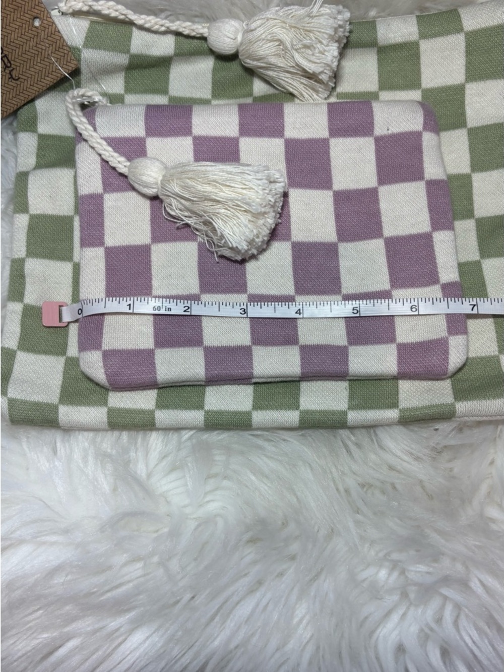 Checkered Cosmetic Pouch Set in Sage Green & Lavender Indian Artisans Unique - Picture 11 of 15